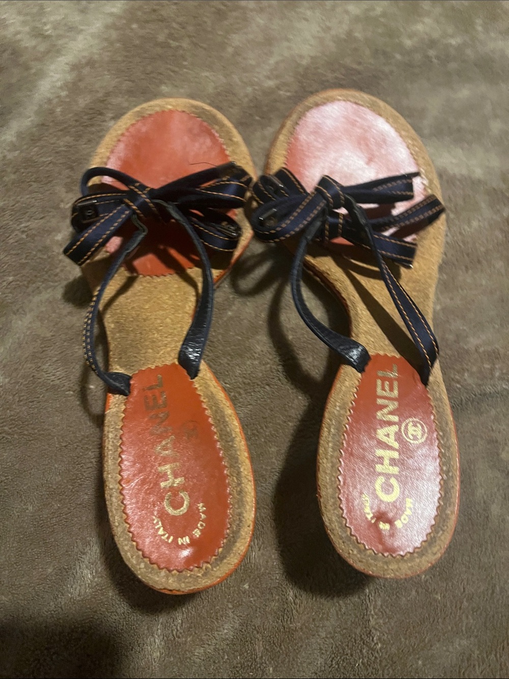 CHANEL Pink & Brown Espadrille Lace-Up Sandals with Navy Ties